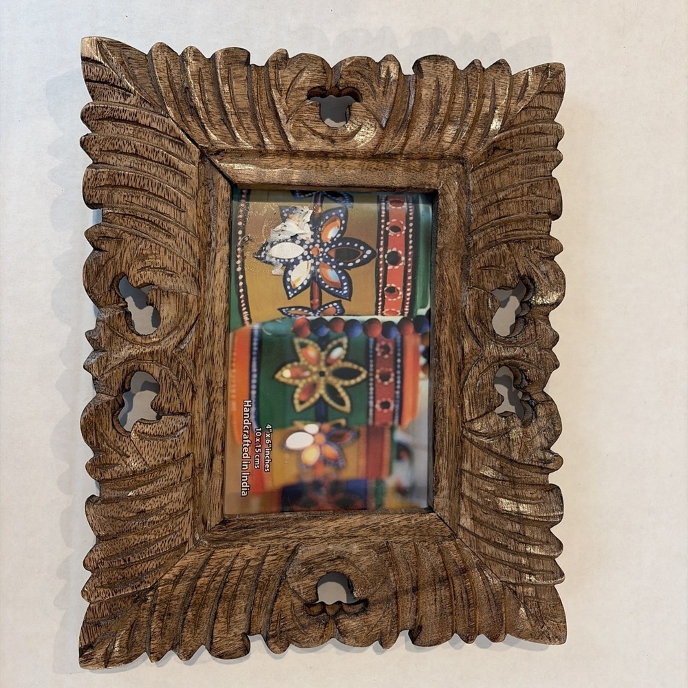 Ornate Hand Carved Wood Standing Frame With Glass 4x6" Made In India